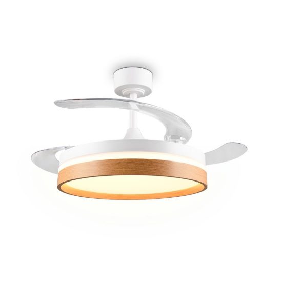 Ventilatore da soffitto led 30w cct 2700k 6500k con telecomando pale a scomparsa bianco legno