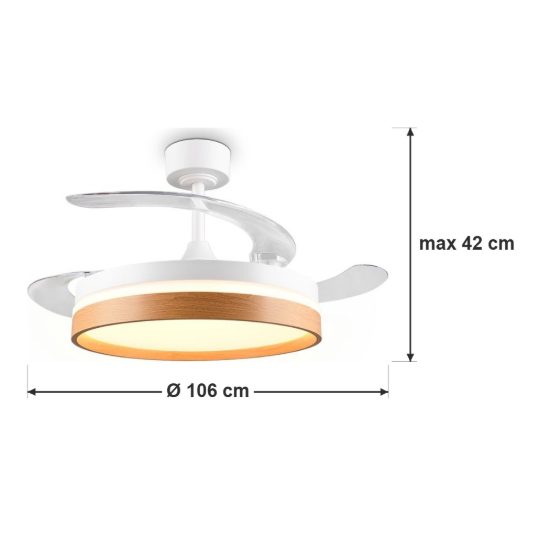 Ventilatore da soffitto led 30w cct 2700k 6500k con telecomando pale a scomparsa bianco legno