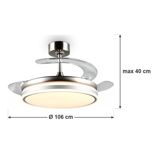 Ventilatore da soffitto led 30w cct 2700k 6500k con telecomando pale a scomparsa nichel opaco