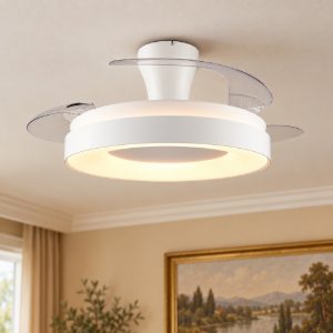 Ventilatore da soffitto led 32w cct 2700k 6500k con telecomando pale a scomparsa bianco legno