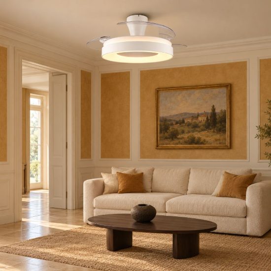 Ventilatore da soffitto led 32w cct 2700k 6500k con telecomando pale a scomparsa bianco legno