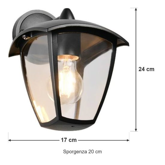 Applique da esterno ip44 moderna nera con vetro trasparente rivolta verso il basso