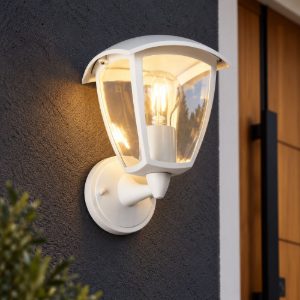 Applique da esterno ip44 moderna bianca con vetro trasparente rivolta verso l'alto
