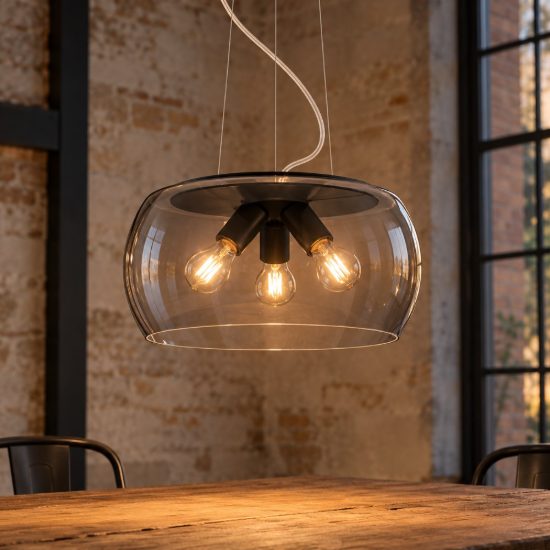 Lampadario a sospensione 3 luci per sala da pranzo moderno nero con ampio paralume in vetro fume