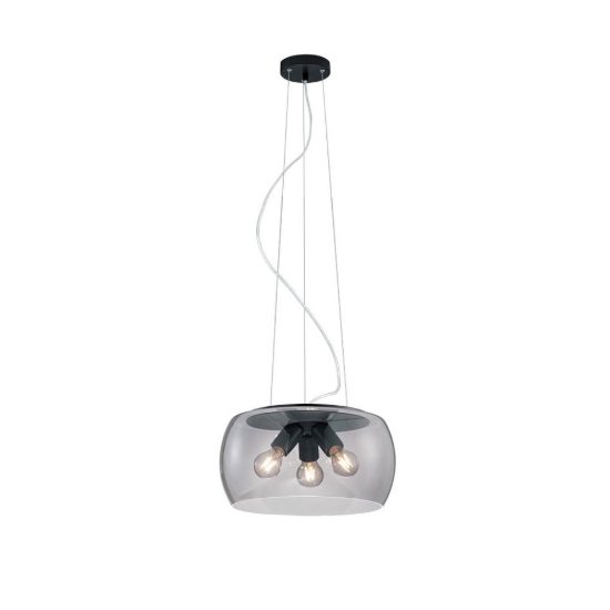 Lampadario a sospensione 3 luci per sala da pranzo moderno nero con ampio paralume in vetro fume