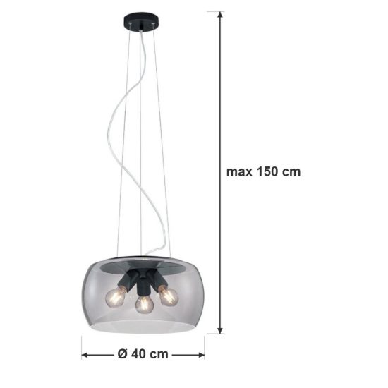 Lampadario a sospensione 3 luci per sala da pranzo moderno nero con ampio paralume in vetro fume