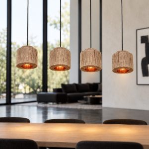 Lampadario a sospensione 4 luci per soggiorno moderno nero con paralumi in juta naturale