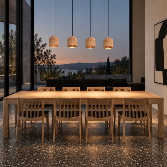 Lampadario a sospensione 4 luci per soggiorno moderno nero con paralumi in juta naturale