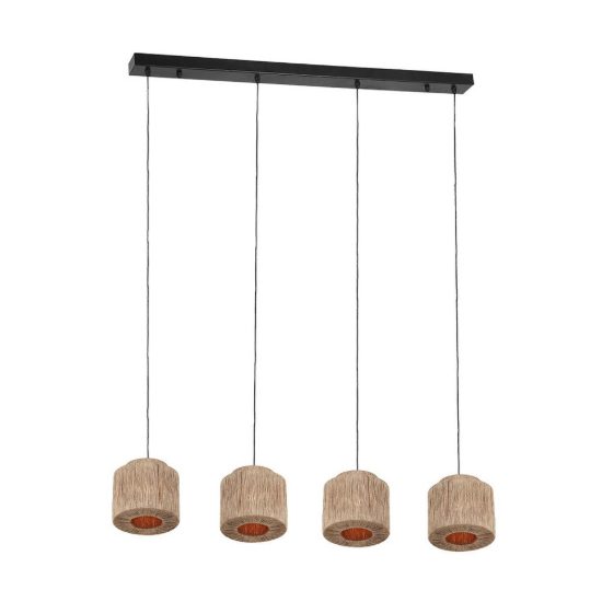 Lampadario a sospensione 4 luci per soggiorno moderno nero con paralumi in juta naturale