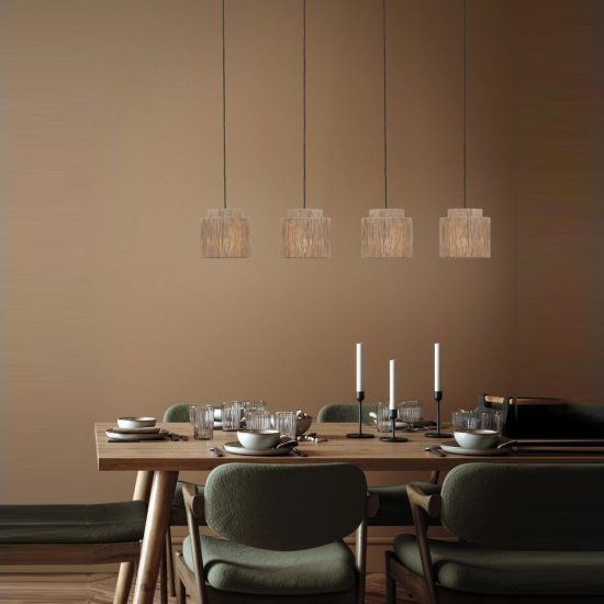 Lampadario a sospensione 4 luci per soggiorno moderno nero con paralumi in juta naturale