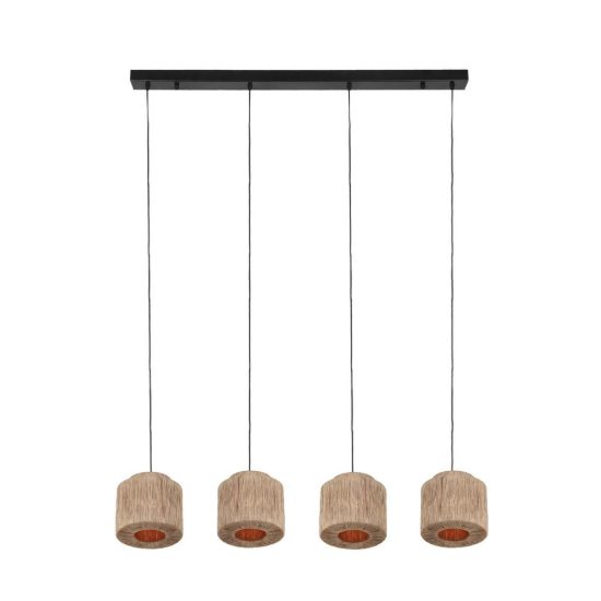 Lampadario a sospensione 4 luci per soggiorno moderno nero con paralumi in juta naturale