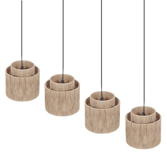 Lampadario a sospensione 4 luci per soggiorno moderno nero con paralumi in juta naturale