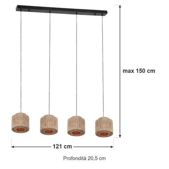 Lampadario a sospensione 4 luci per soggiorno moderno nero con paralumi in juta naturale