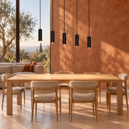 Lampadario 5 luci per sala da pranzo lineare nero con diffusori cilindrici rigati