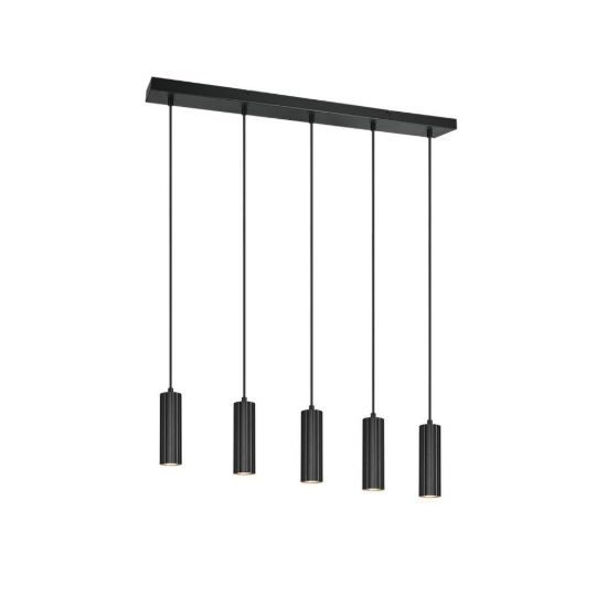 Lampadario 5 luci per sala da pranzo lineare nero con diffusori cilindrici rigati