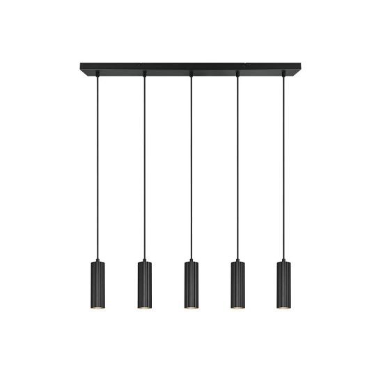 Lampadario 5 luci per sala da pranzo lineare nero con diffusori cilindrici rigati