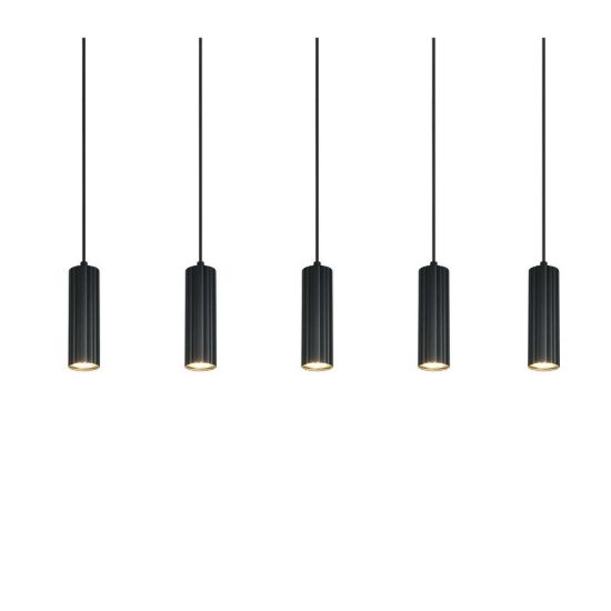 Lampadario 5 luci per sala da pranzo lineare nero con diffusori cilindrici rigati