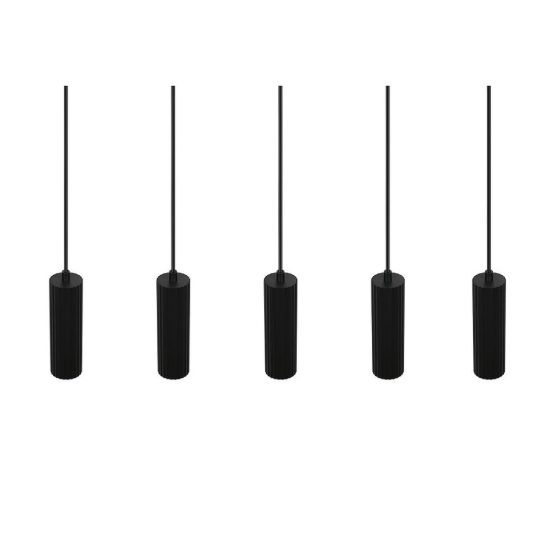 Lampadario 5 luci per sala da pranzo lineare nero con diffusori cilindrici rigati