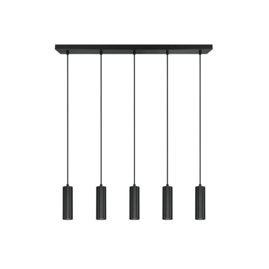 Lampadario 5 luci per sala da pranzo lineare nero con diffusori cilindrici rigati