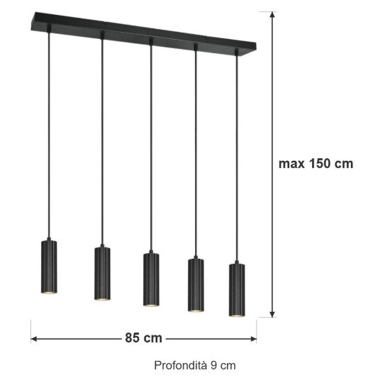 Lampadario 5 luci per sala da pranzo lineare nero con diffusori cilindrici rigati
