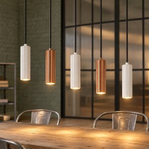 Lampadario 5 luci per sala da pranzo lineare grigio caldo caffe con diffusori cilindrici rigati