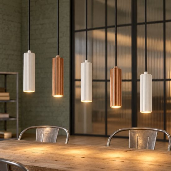 Lampadario 5 luci per sala da pranzo lineare grigio caldo caffe con diffusori cilindrici rigati