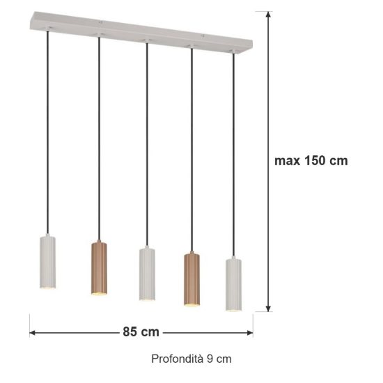 Lampadario 5 luci per sala da pranzo lineare grigio caldo caffe con diffusori cilindrici rigati