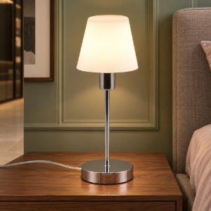 Abat-jour touch per comodino moderno cromo con vetro bianco satinato