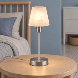 Abat-jour touch per comodino moderno nichel opaco con vetro alabastro