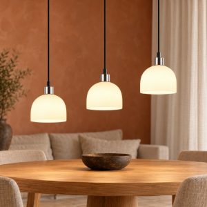 Lampadario a sospensione con 3 pendenti per sala da pranzo lineare nichel opaco con vetri bianchi