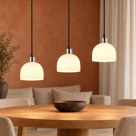 Lampadario a sospensione con 3 pendenti per sala da pranzo lineare nichel opaco con vetri bianchi