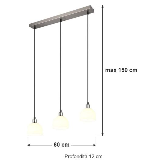 Lampadario a sospensione con 3 pendenti per sala da pranzo lineare nichel opaco con vetri bianchi