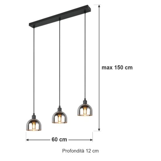 Lampadario a sospensione con 3 pendenti per sala da pranzo moderno lineare nero con vetri fume
