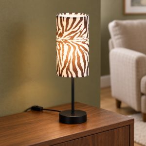 Lampada da tavolo per soggiorno moderna nera con paralume in tessuto motivo zebra