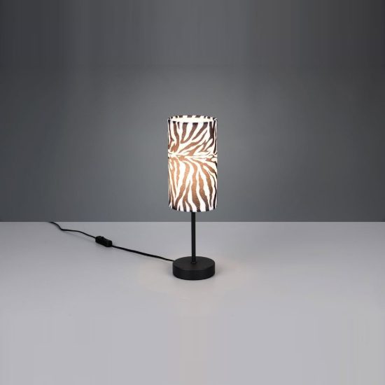 Lampada da tavolo per soggiorno moderna nera con paralume in tessuto motivo zebra