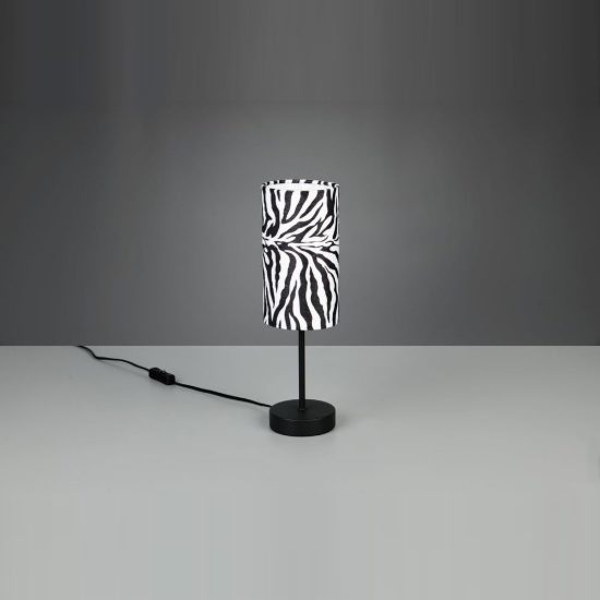 Lampada da tavolo per soggiorno moderna nera con paralume in tessuto motivo zebra