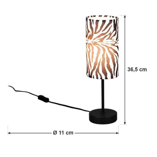 Lampada da tavolo per soggiorno moderna nera con paralume in tessuto motivo zebra