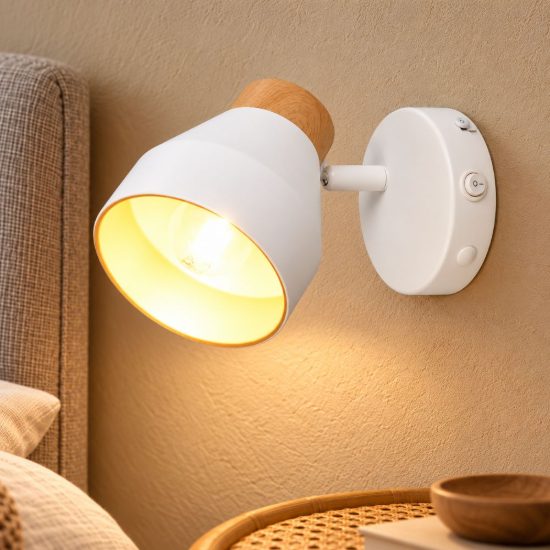 Applique per comodino camera da letto con faretto orientabile bianca oro effetto legno interruttore
