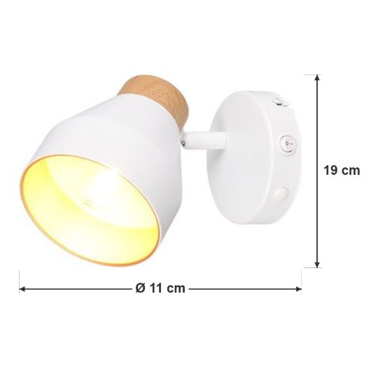 Applique per comodino camera da letto con faretto orientabile bianca oro effetto legno interruttore