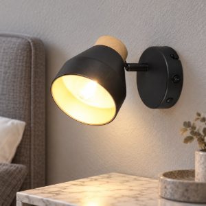 Applique per comodino camera da letto con faretto orientabile nera oro effetto legno interruttore