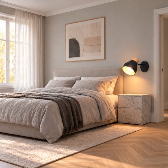 Applique per comodino camera da letto con faretto orientabile nera oro effetto legno interruttore