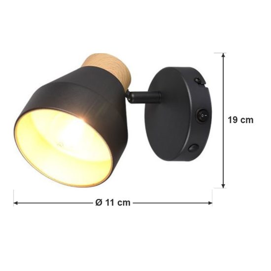 Applique per comodino camera da letto con faretto orientabile nera oro effetto legno interruttore