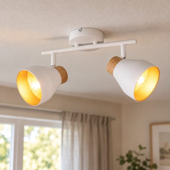 Plafoniera con 2 faretti orientabili moderna bianca oro con effetto legno