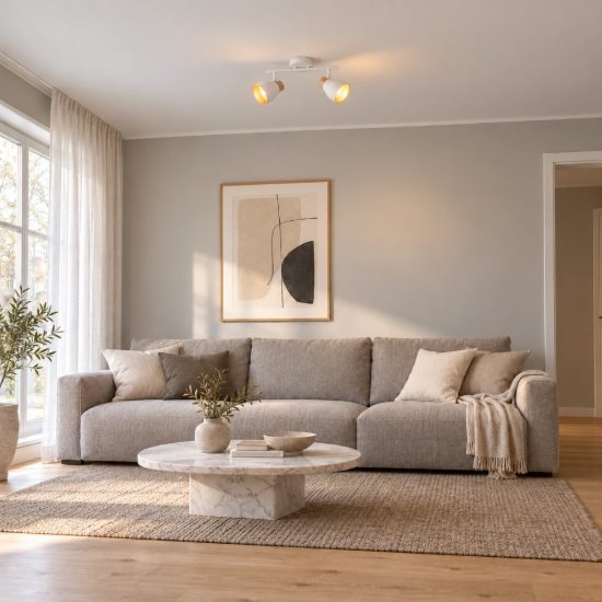 Plafoniera con 2 faretti orientabili moderna bianca oro con effetto legno