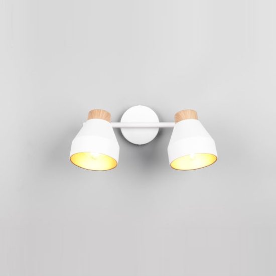 Plafoniera con 2 faretti orientabili moderna bianca oro con effetto legno