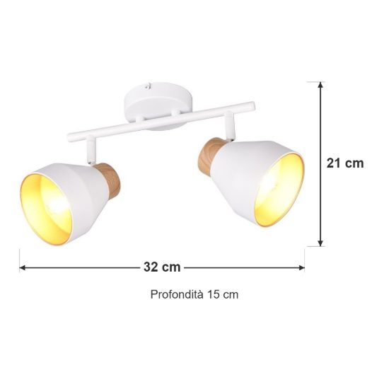 Plafoniera con 2 faretti orientabili moderna bianca oro con effetto legno