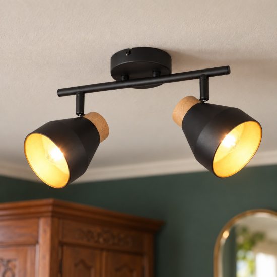 Plafoniera con 2 faretti orientabili moderna nera oro con effetto legno