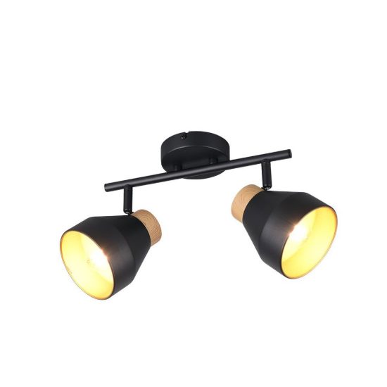 Plafoniera con 2 faretti orientabili moderna nera oro con effetto legno