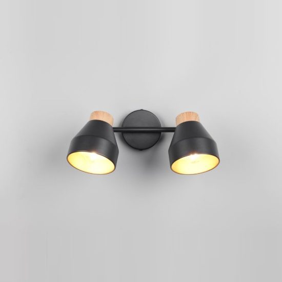 Plafoniera con 2 faretti orientabili moderna nera oro con effetto legno