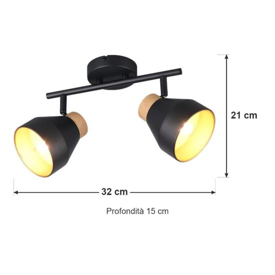 Plafoniera con 2 faretti orientabili moderna nera oro con effetto legno